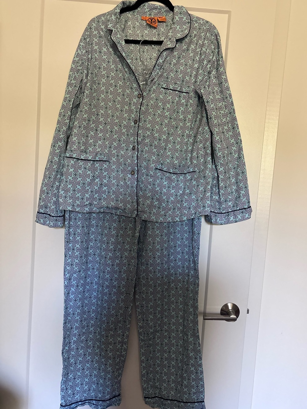 Tory Burch Women’s XL 100% Cotton Geometric TLogo Pajama Set 31081760 Blue Read*